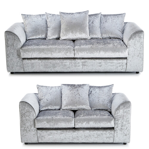 (Silver, 3 & 2 Seater) Crystal Crushed Velvet Scatter Back Sofa Sets