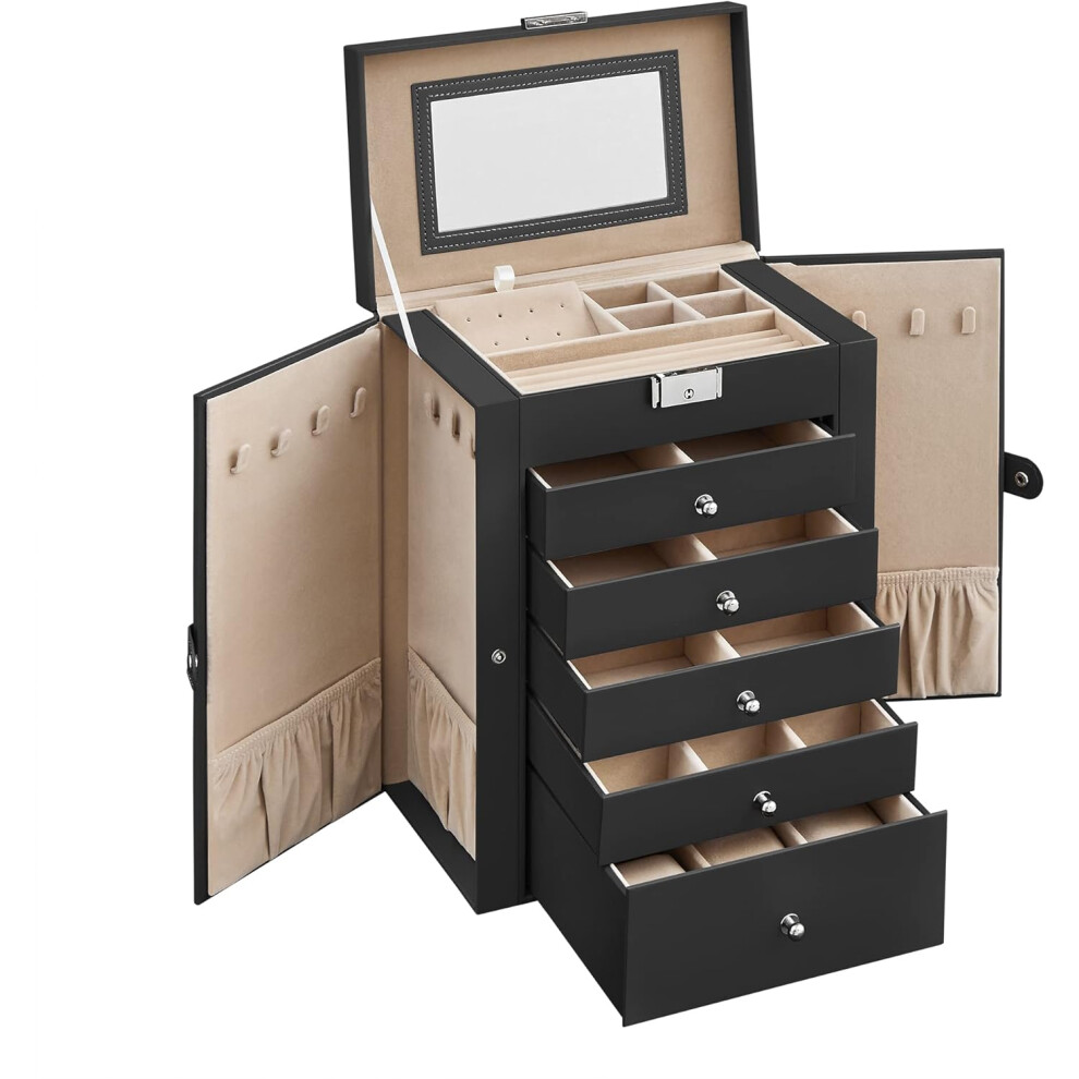 (Black) 6 Tier Jewelry Box with 5 Drawers Jewelry Box, Large Capacity Storage with Mirror, Lockable, Jewelry Storage Organizer, Gift for Loved One