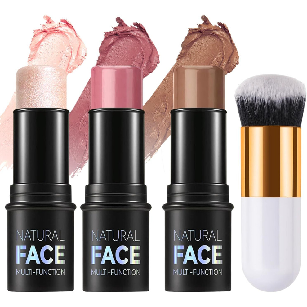 3Pcs Contour Highlighter Blush Sticks with Brush - Cream Contour Bronzer Stick for Cheeks Eyes Lips, Long Lasting Waterproof