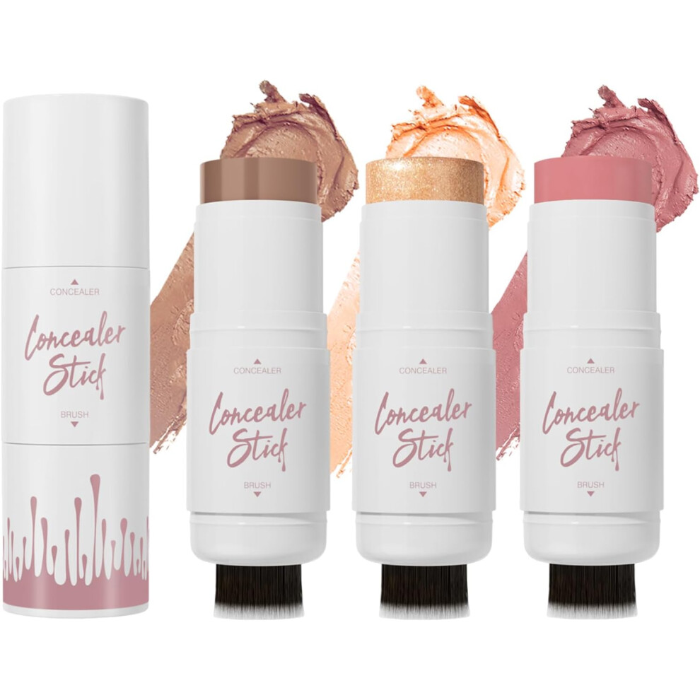 Gogerstar Contour Stick, Highlighter Makeup Stick, Blush Stick, Bronzer Stick, 3Pcs Contour Highlighter Blush Stick Kit With Brush For Flawless Look