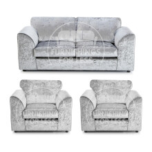 (Silver, 3 Seater + 2 x Armchair) Crystal Crushed Velvet Full Back Sofa Sets
