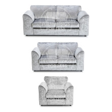 (Silver, 3 & 2 Seater + Armchair) Crystal Crushed Velvet Full Back Sofa Sets