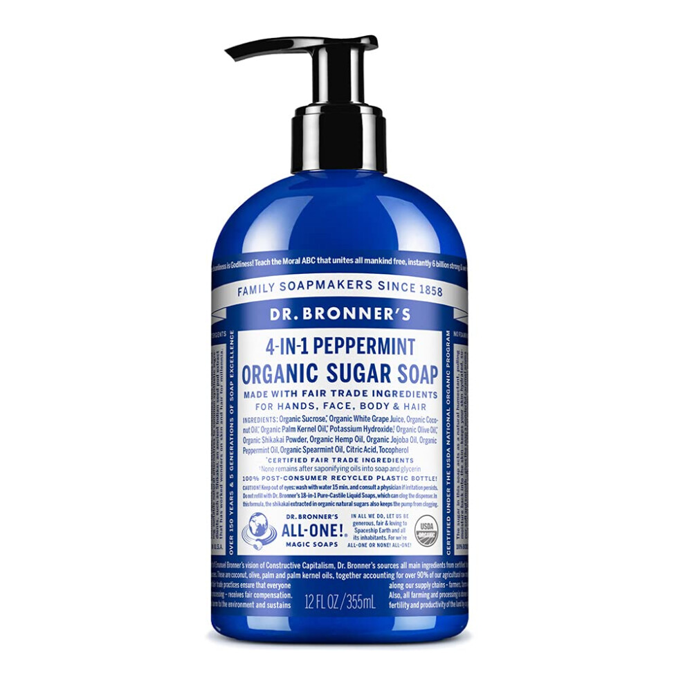 Dr Bronner?s 4-in-1 Organic Peppermint Soap, Made with Organic Oils and Shikakai Powder, For Hands, Body, Face & Hair, Fair Trade Certified & Vegan