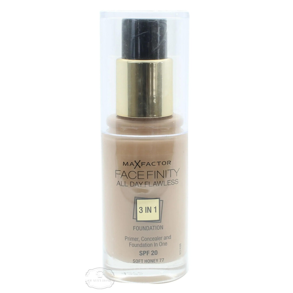 Max Factor Facefinity 3-in-1 All Day Flawless Liquid Foundation, SPF 20 - 77 Soft Honey (Packaging May Vary)