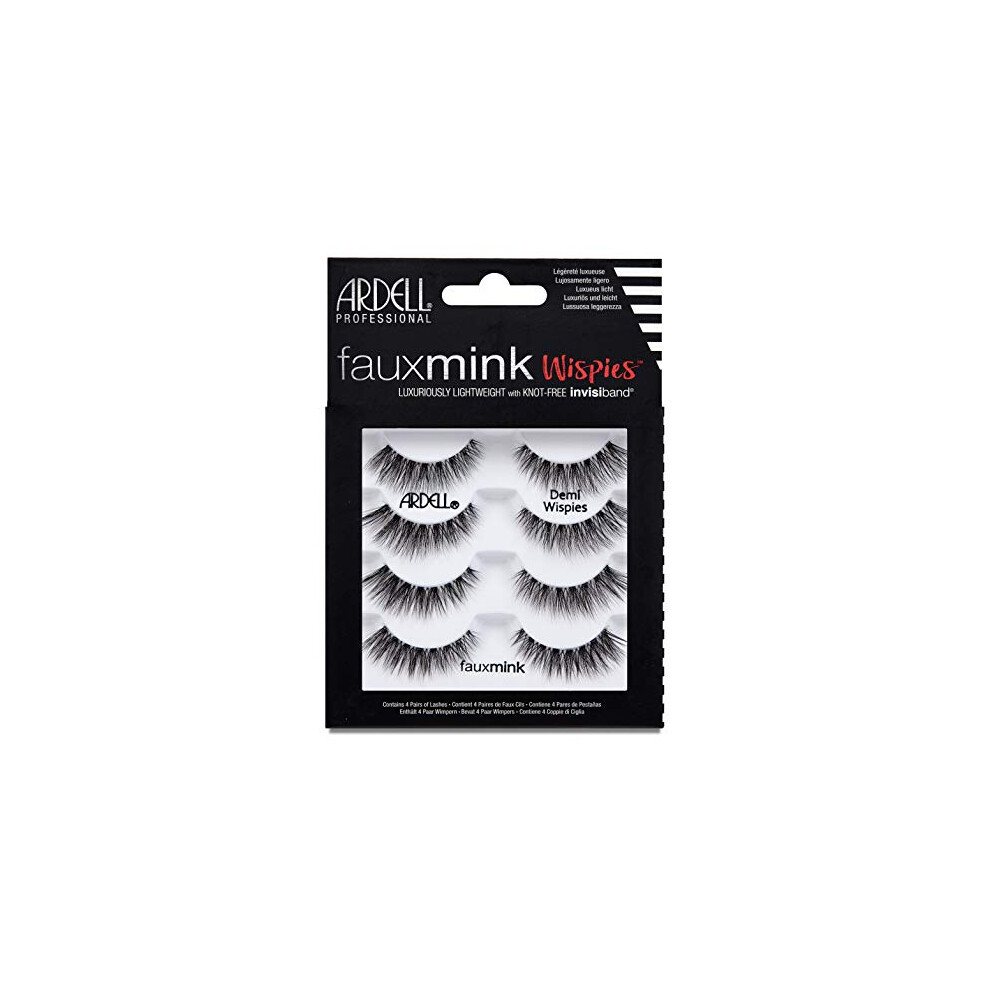 ARDELL False Eyelashes Faux Mink Demi Wispies 4 Pairs Multipack Black Medium Volume Long Length Invisiband Lightweight Silky Soft Faux Mink Eyelashes