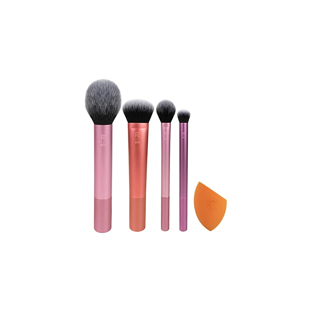REAL TECHNIQUES,5 Count (Pack of 1) Everyday Essentials Makeup Brush Complete Face Set (Miracle Complexion Sponge, Expert Face, Blush, Setting and