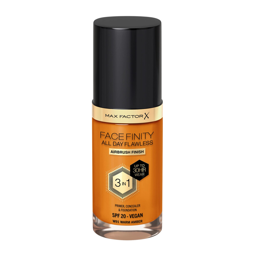 Max Factor Facefinity 3-in-1 All Day Flawless Liquid Foundation, SPF 20 - 91 Warm Amber, 30 ml