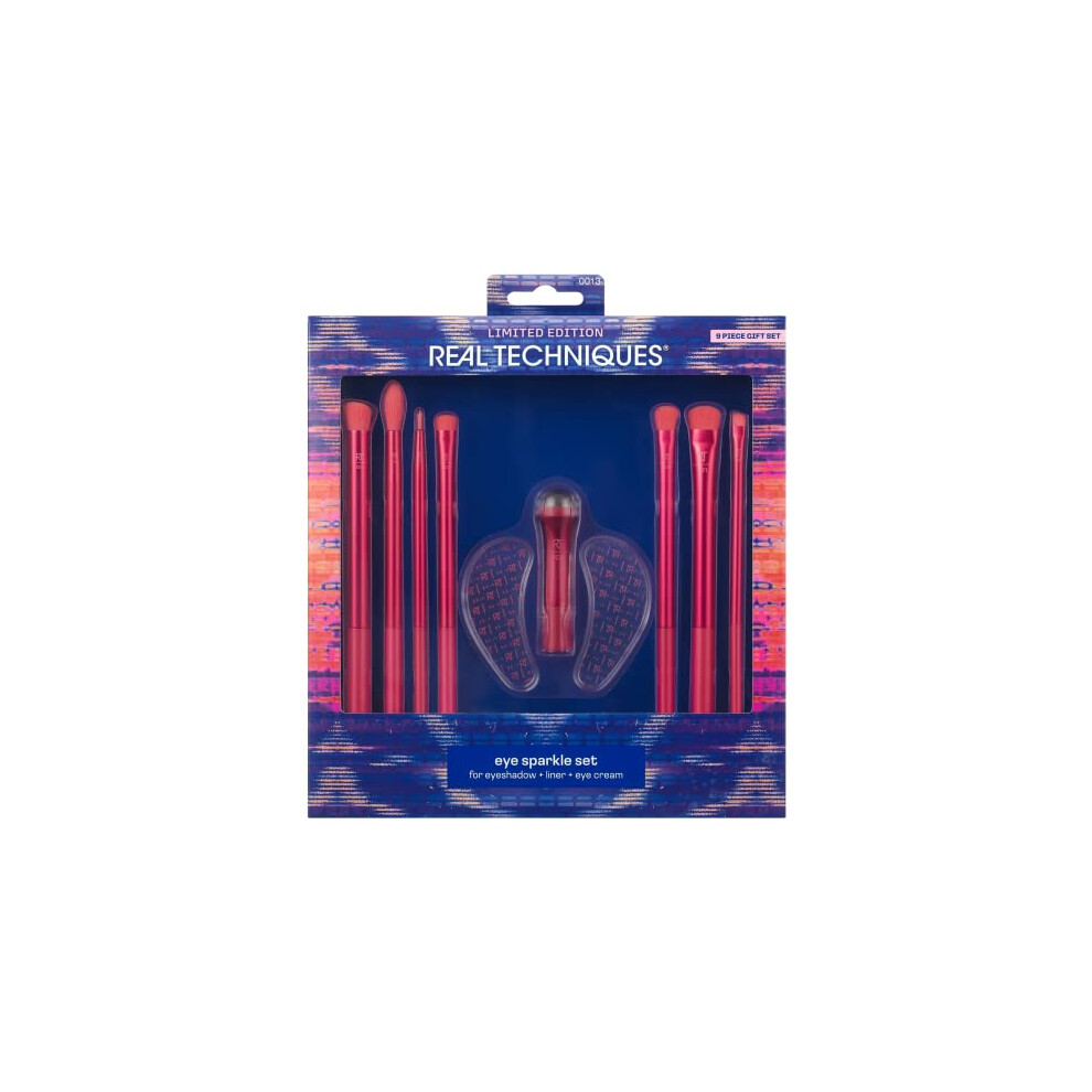 REAL TECHNIQUES Limited Edition Eye Sparkle Makeup Brush & Skincare Kit, Eye Makeup Brushes, Under Eye Reviver To Reduce Puffiness and Dark Circles, 9