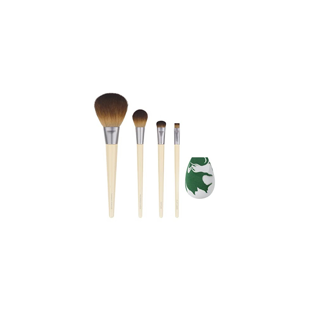 EcoTools Core Five Makeup Brush and Sponge Kit, For Eyeshadow, Blush, Bronzer, Eyeliner, & Foundation, Makeup Blending Sponge, Brush Essentials, 5