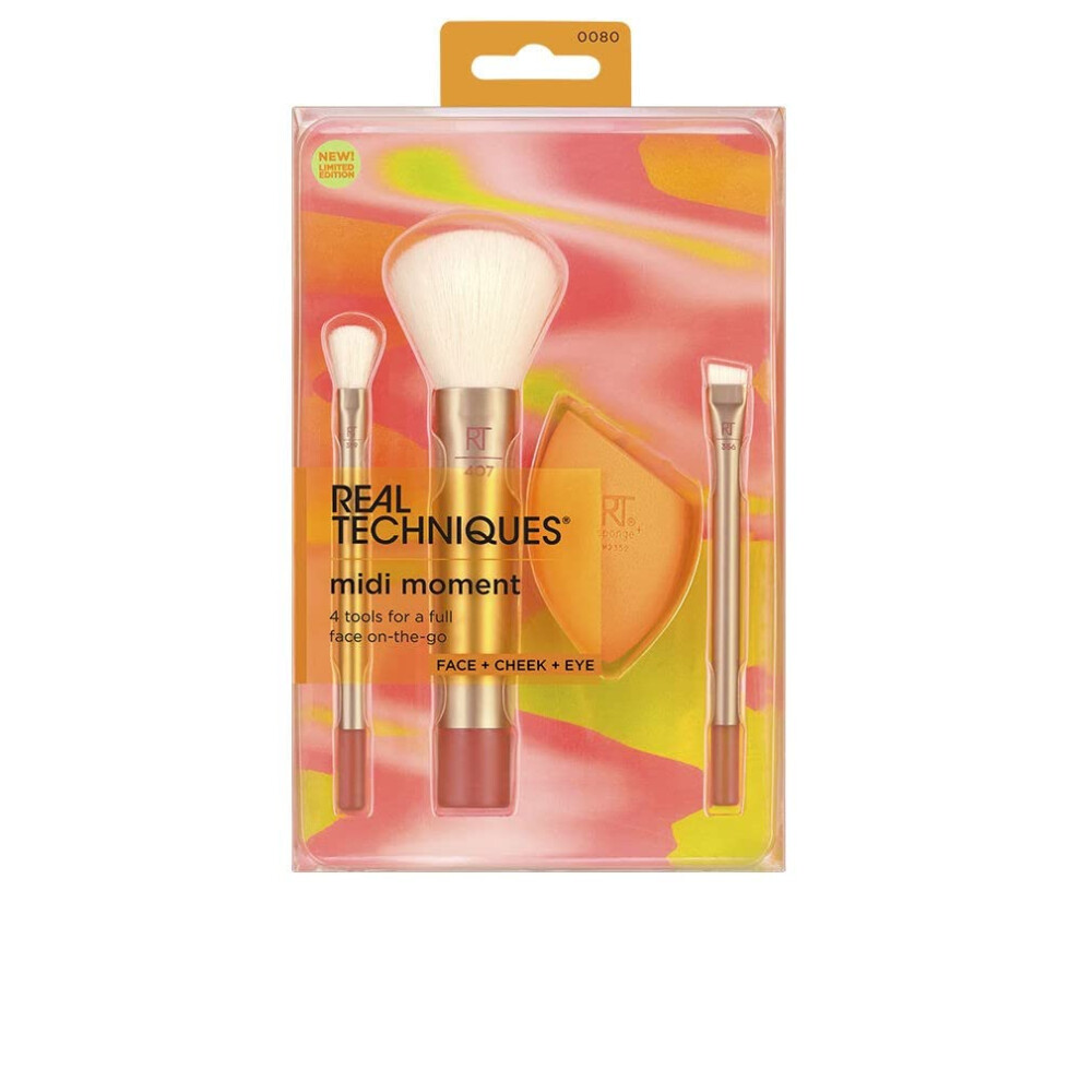 Real Techniques Midi Moment Brush + Sponge Kit, Makeup Sponge & Makeup Brushes For A Full Face, For Liquid & Powder Products, Travel Size Brushes, 4