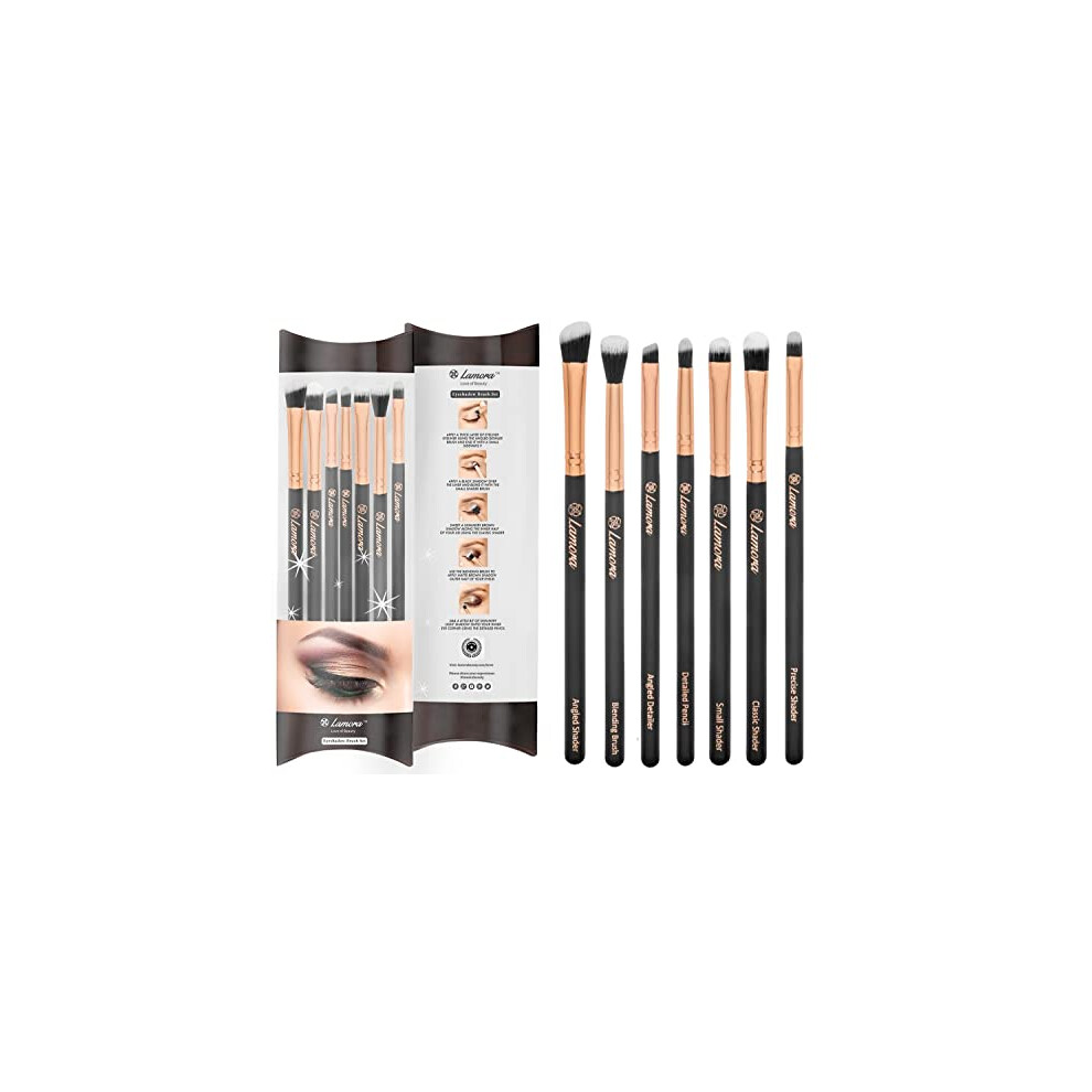 Lamora Make Up Eye Brushes Set - Eyeshadow Eyeliner Blending Crease Kit - Best Choice 7 Piece Essentials - Pencil, Shader, Tapered, Definer - Vegan Synthetic