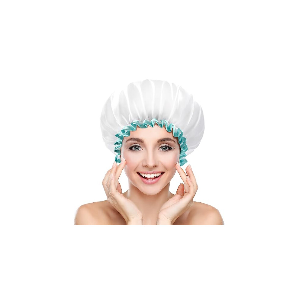 Mikimini White Shower Cap For Women, Waterproof Reusable Hair Caps For Ladies And Girls, Medium Double-Layered Washable Bath Caps For Thick Hair 2