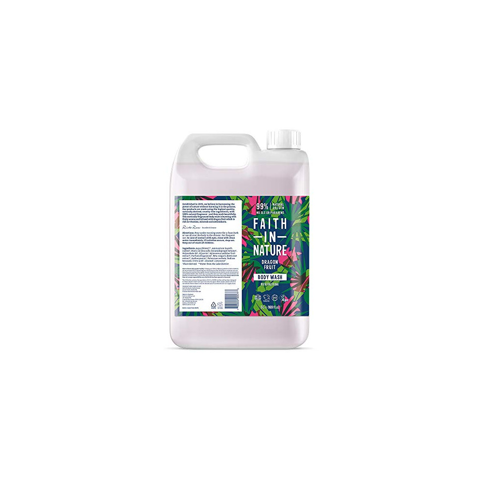 Faith In Nature Natural Dragon Fruit Body Wash, Revitalising, Vegan and Cruelty Free, No SLS or Parabens, 5 L Refill Pack