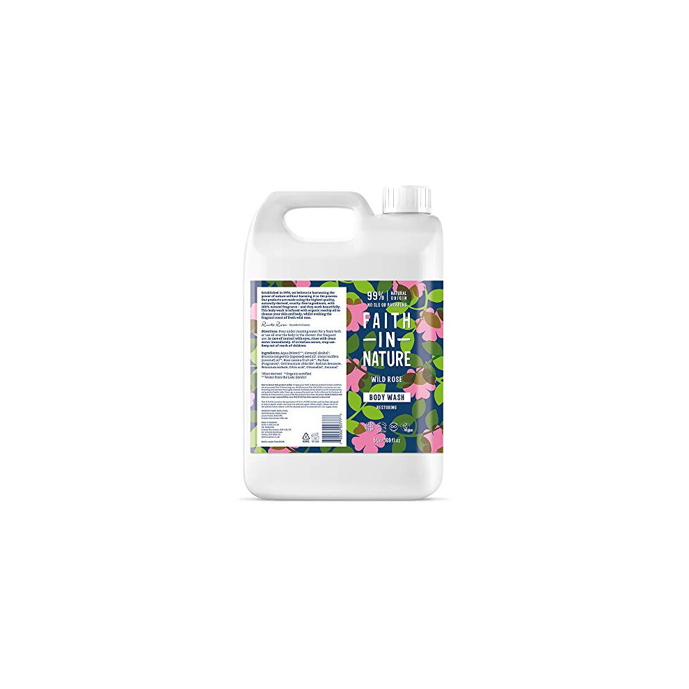 Faith In Nature Natural Wild Rose Body Wash, Restoring, Vegan and Cruelty Free, No SLS or Parabens, 5 L Refill Pack