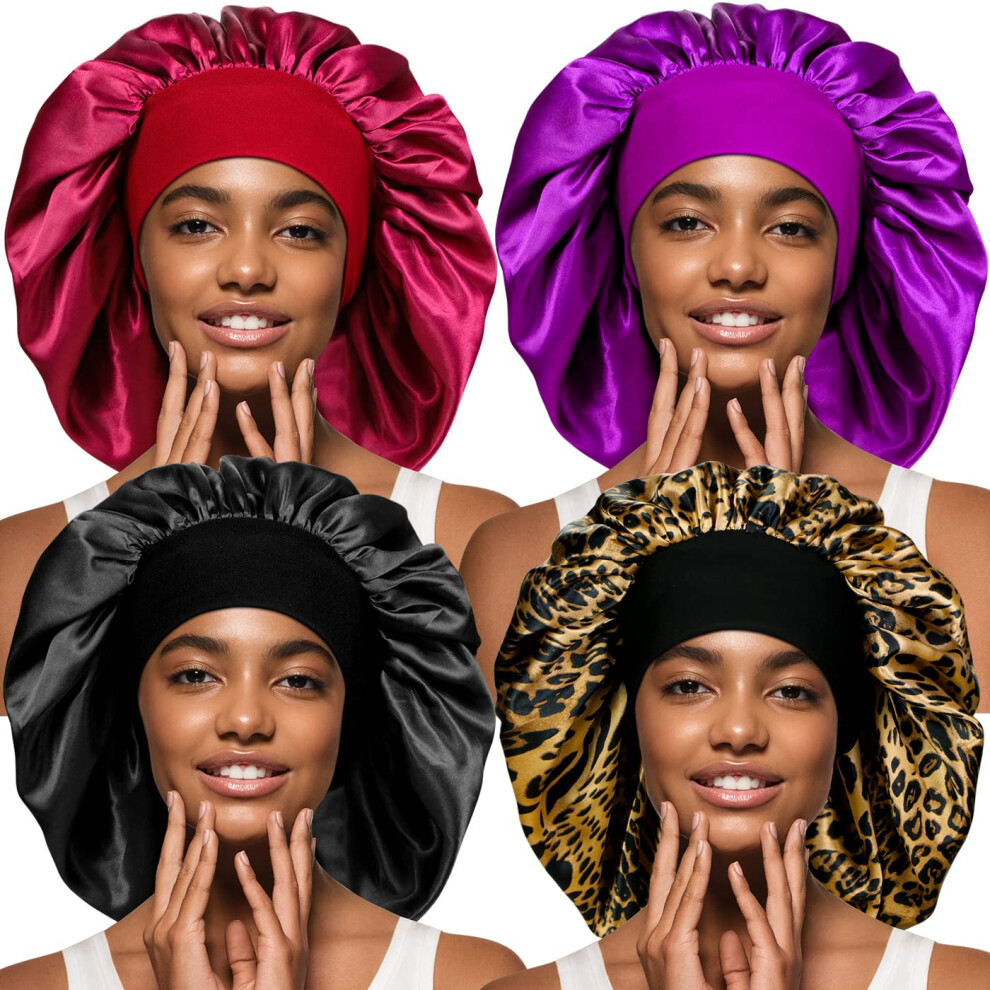 4 Pieces Extra Large Satin Bonnet for Curly Hair, Long Hair Sleep Cap with Wide Elastic Soft Band Big Sleeping Bonnets for Women Hair Care Multicolour-image-OPC-PFDGSCS-NEW