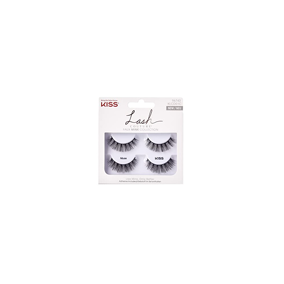 Kiss Lash Couture Faux Mink Collection Double Pack Of False Lashes, Muse, Ultrafine, Tapered, Synthetic Fake Lashes Includes Lash Glue