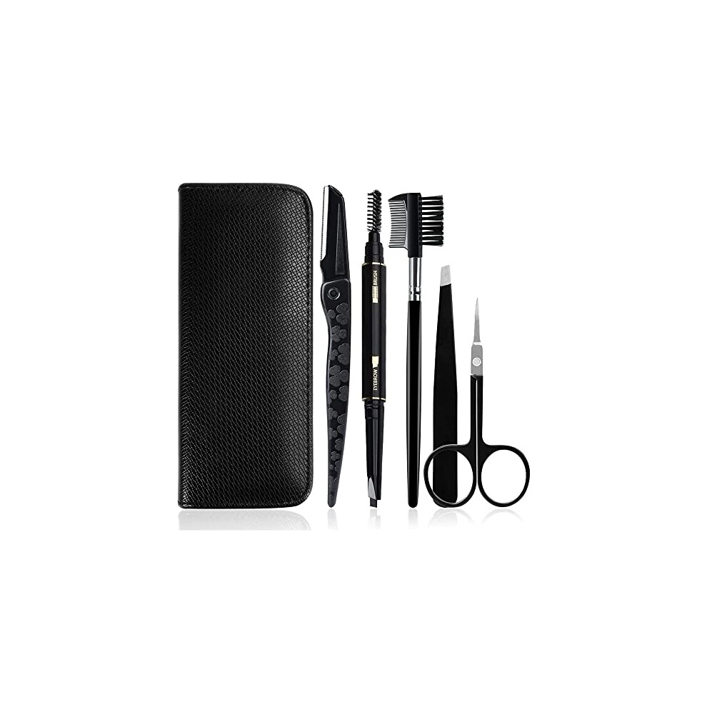 Gibot Eyebrow Set, 5Pcs Stainless Steel Eyebrow Grooming Kit With Tweezers, Scissors, Eyebrow Brush Comb, Eyebrow Pencil, Razor And Travel Case For