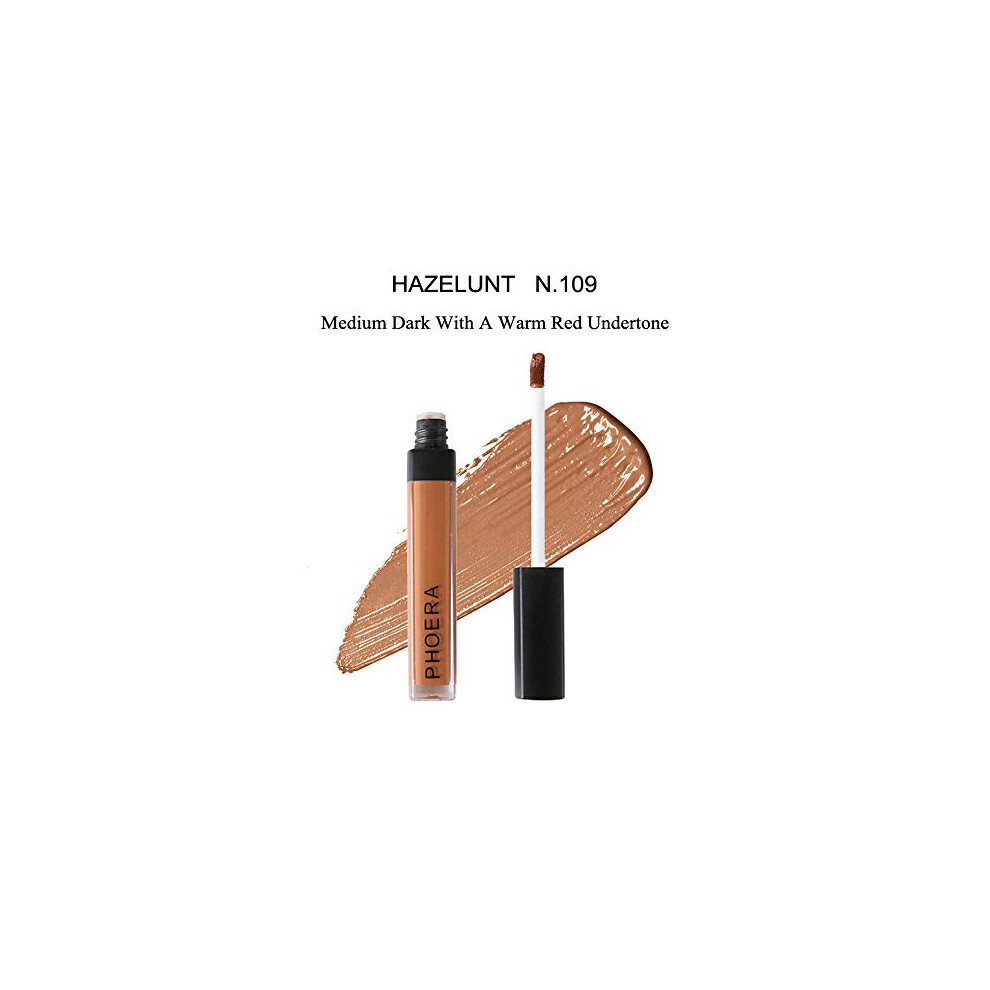 Phoera Dark Aquapurity Liquid Concealer Full Coverage Makeup Face Moisturizer Foundation Conceal Under Eye Circles Cruelty Free (109 - Hazelnut)