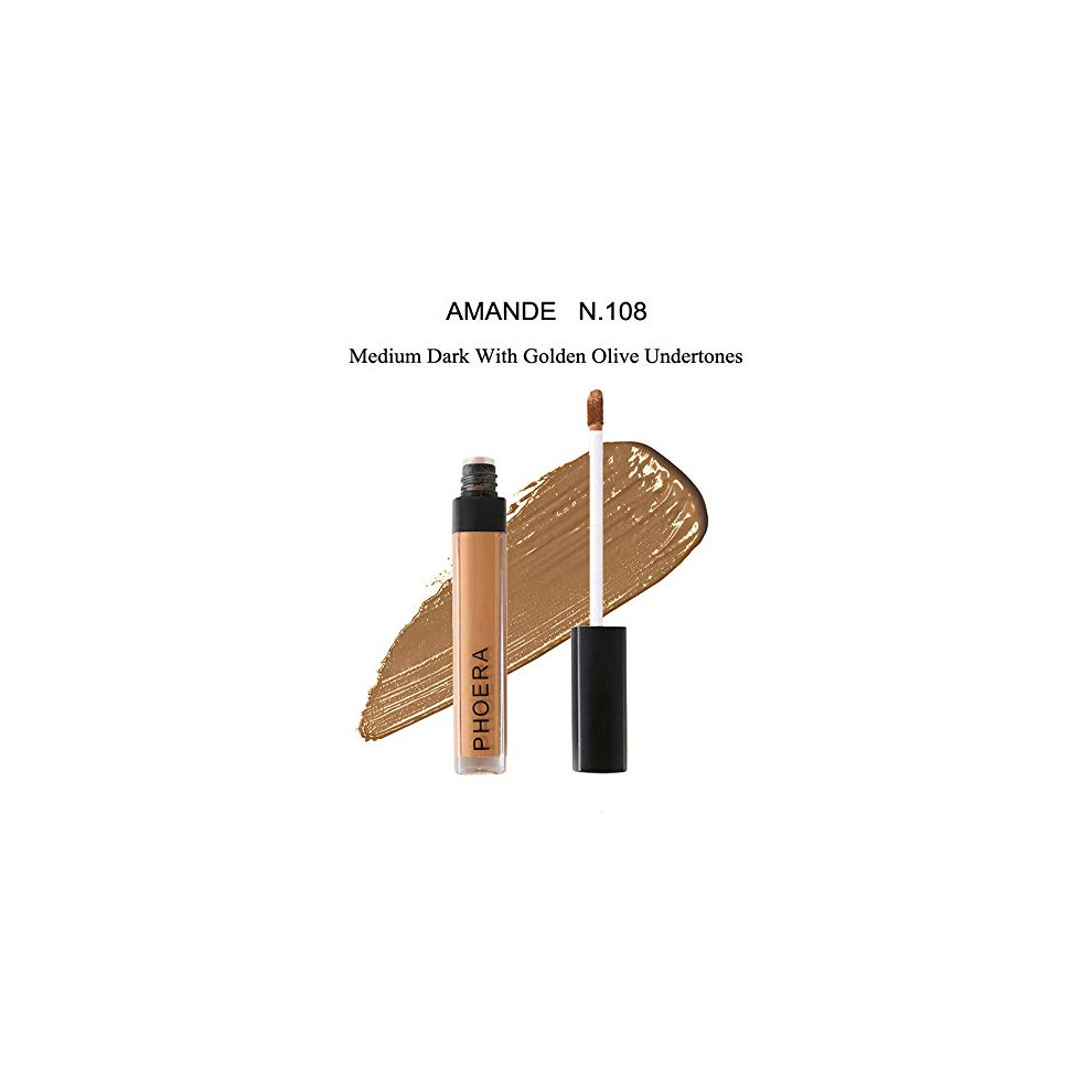 Phoera Dark Aquapurity Liquid Concealer Full Coverage Makeup Face Moisturizer Foundation Conceal Under Eye Circles Cruelty Free (108 - Amande)
