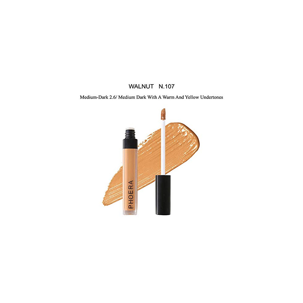 Phoera Dark Aquapurity Liquid Concealer Full Coverage Makeup Face Moisturizer Foundation Conceal Under Eye Circles Cruelty Free (107 - Walnut)