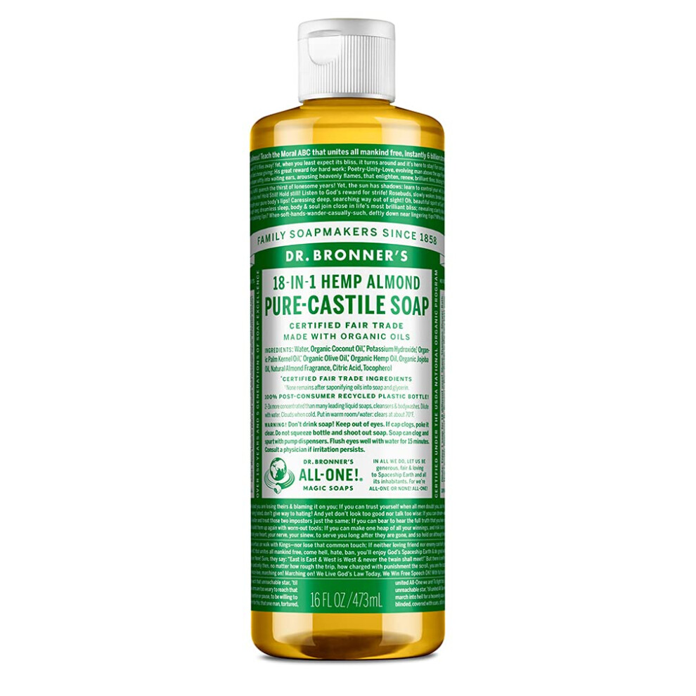 Dr Bronner's 18-in-1 Almond Pure-Castile Liquid Soap, Made with Organic Oils, Used for Face, Body, Hair, Laundry, Pets and Dishes, Certified Fair