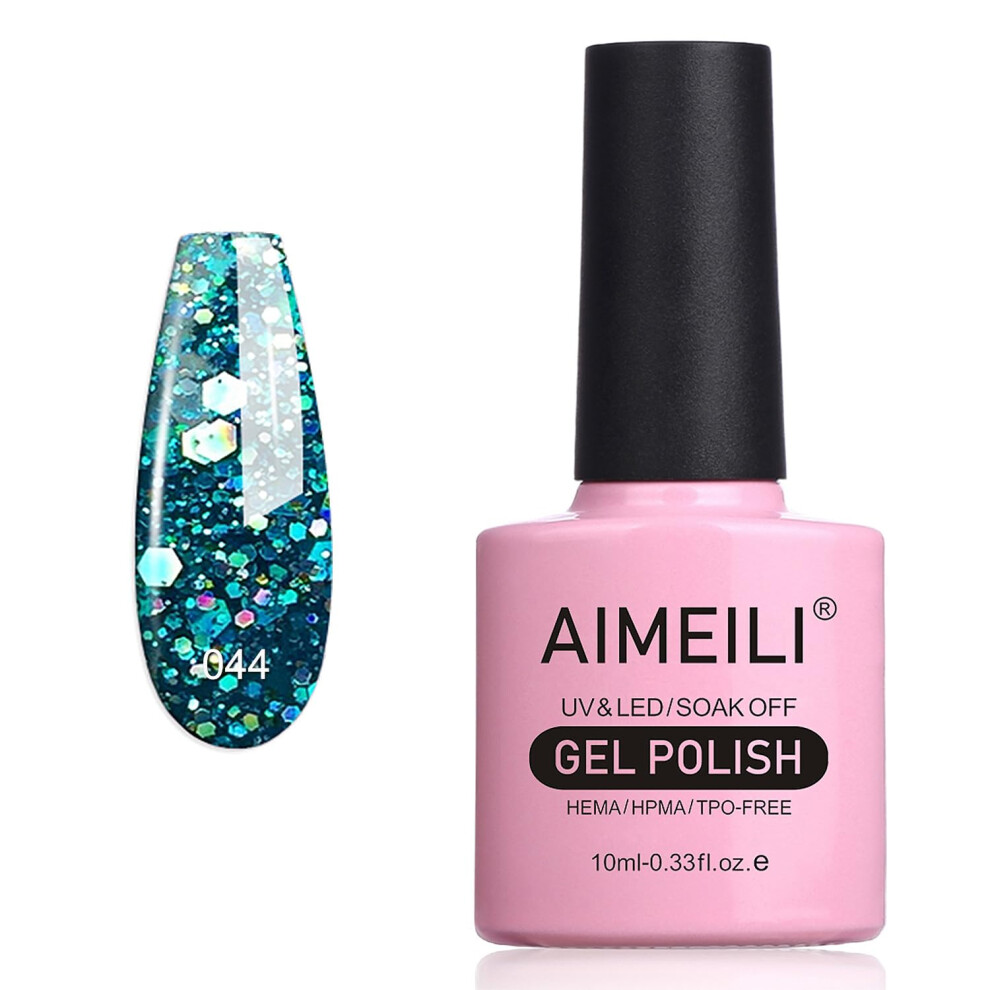 Aimeili Blue,Green Soak Off Uv Led Gel Nail Polish - Diamond Glitter Teal Blue Green (044) 10Ml