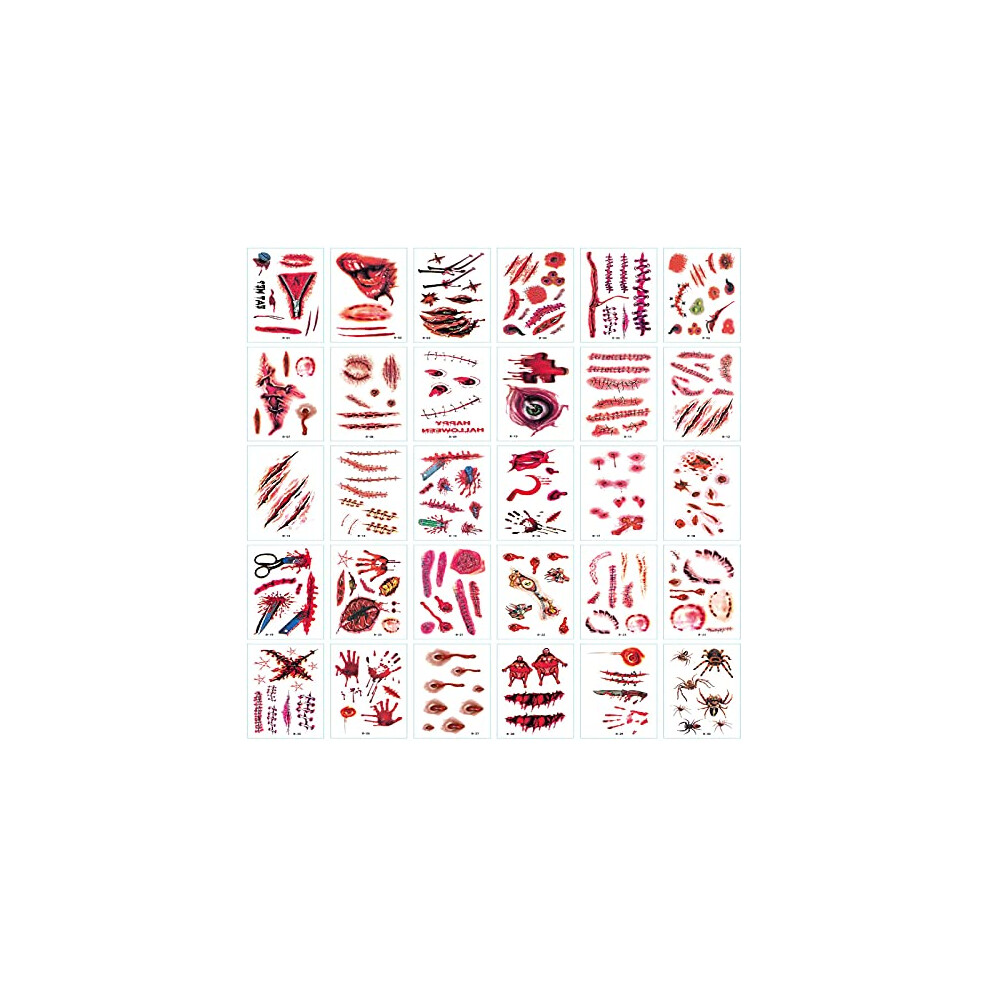 Shullin 30 Sheets Halloween Tattoos Temporary Tattoos Zombie Scars Temporary Tattoos Stickers Waterproof Scars Fake Blood Wound Tattoo For Halloween