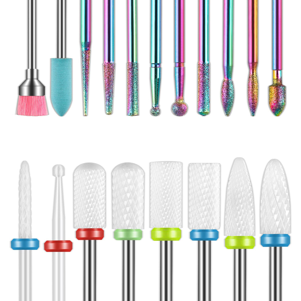 Depvko 19Pcs Nail Drill Bits Sets, 3/32 Inch Diamond Cuticle Electric Nail File And Ceramic Acrylic Gel Nail Bit Kit, Acrylic Nail Art Tools, Carbide Cuticle