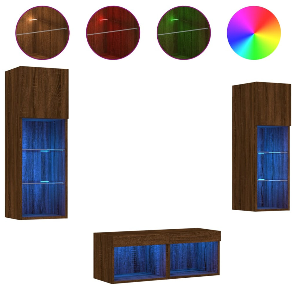 (brown oak) vidaXL TV Wall Cabinets 4 Piece with LED Lights Floating TV Unit Concrete Grey