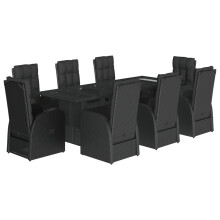 (chair/glass, 9 piece) vidaXL Garden Dining Set 7 Piece with Cushions Table & Chair Black Poly Rattan