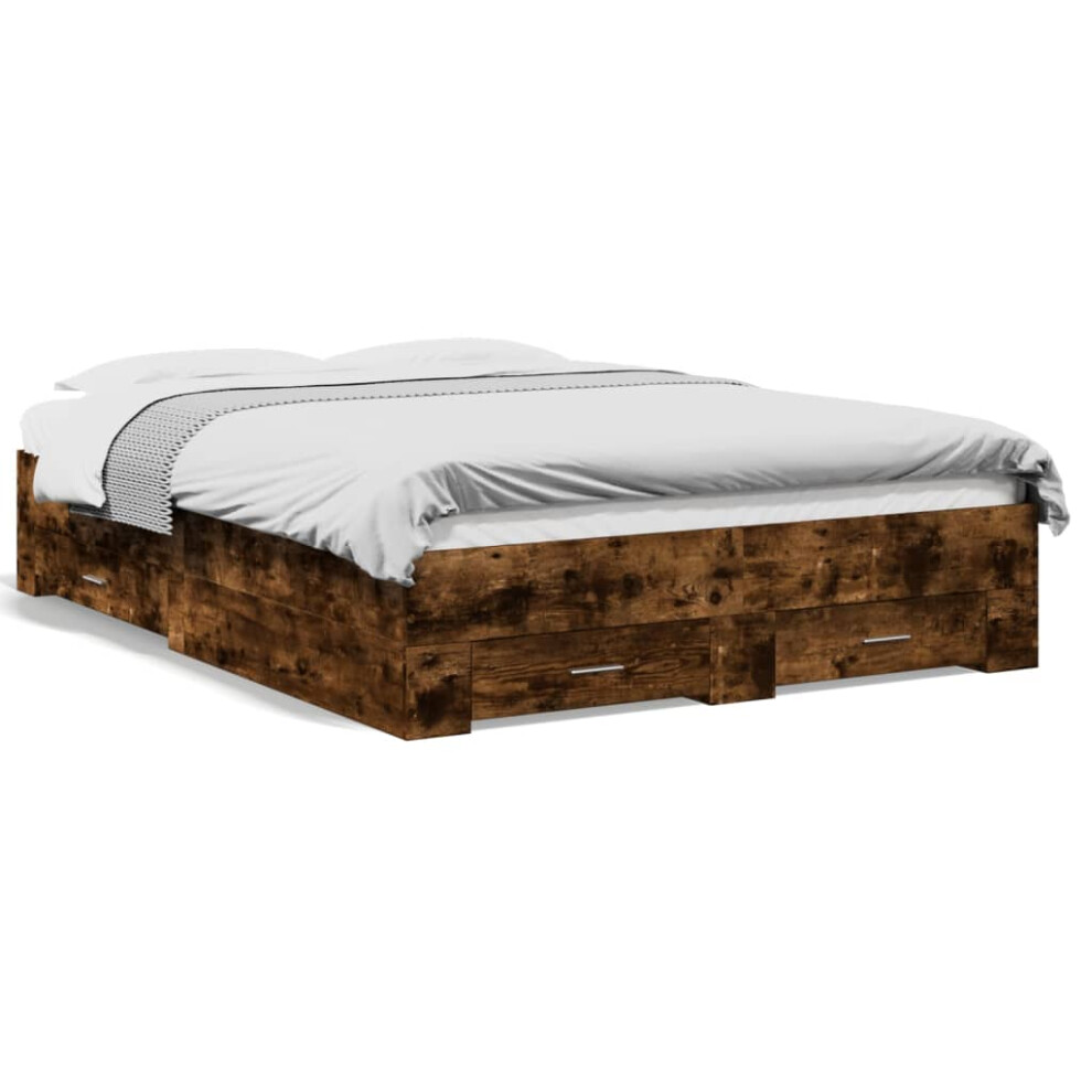 Vidaxl (Smoked Oak, 135 X 190 Cm) Bed Frame With Drawers Bed Base Grey Sonoma 140X200 Cm Engineered Wood