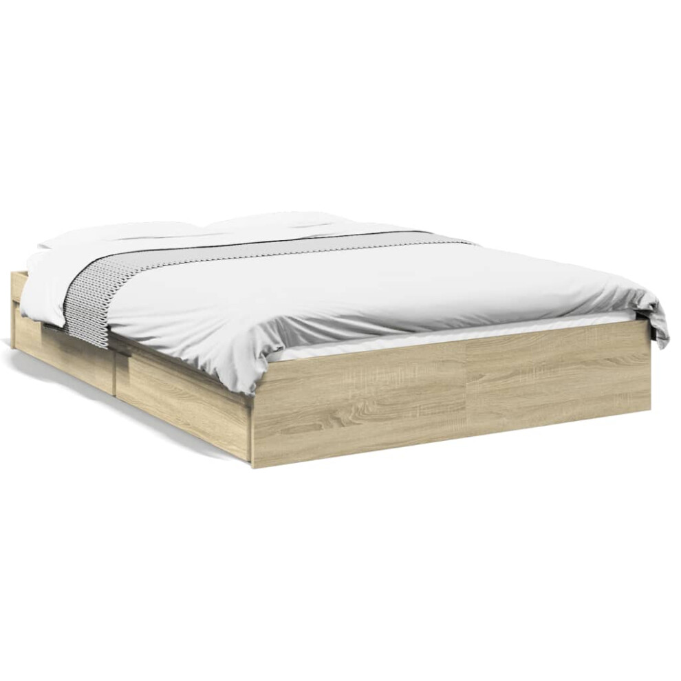 Vidaxl (Sonoma Oak, 135 X 190 Cm) Bed Frame With Drawers Bed Black 135X190 Cm Double Engineered Wood
