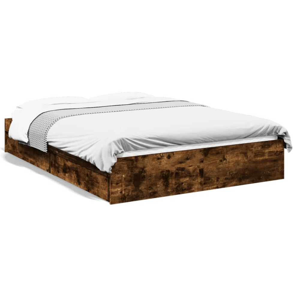 Vidaxl (Smoked Oak, 140 X 190 Cm) Bed Frame With Drawers Bed Black 135X190 Cm Double Engineered Wood Brown