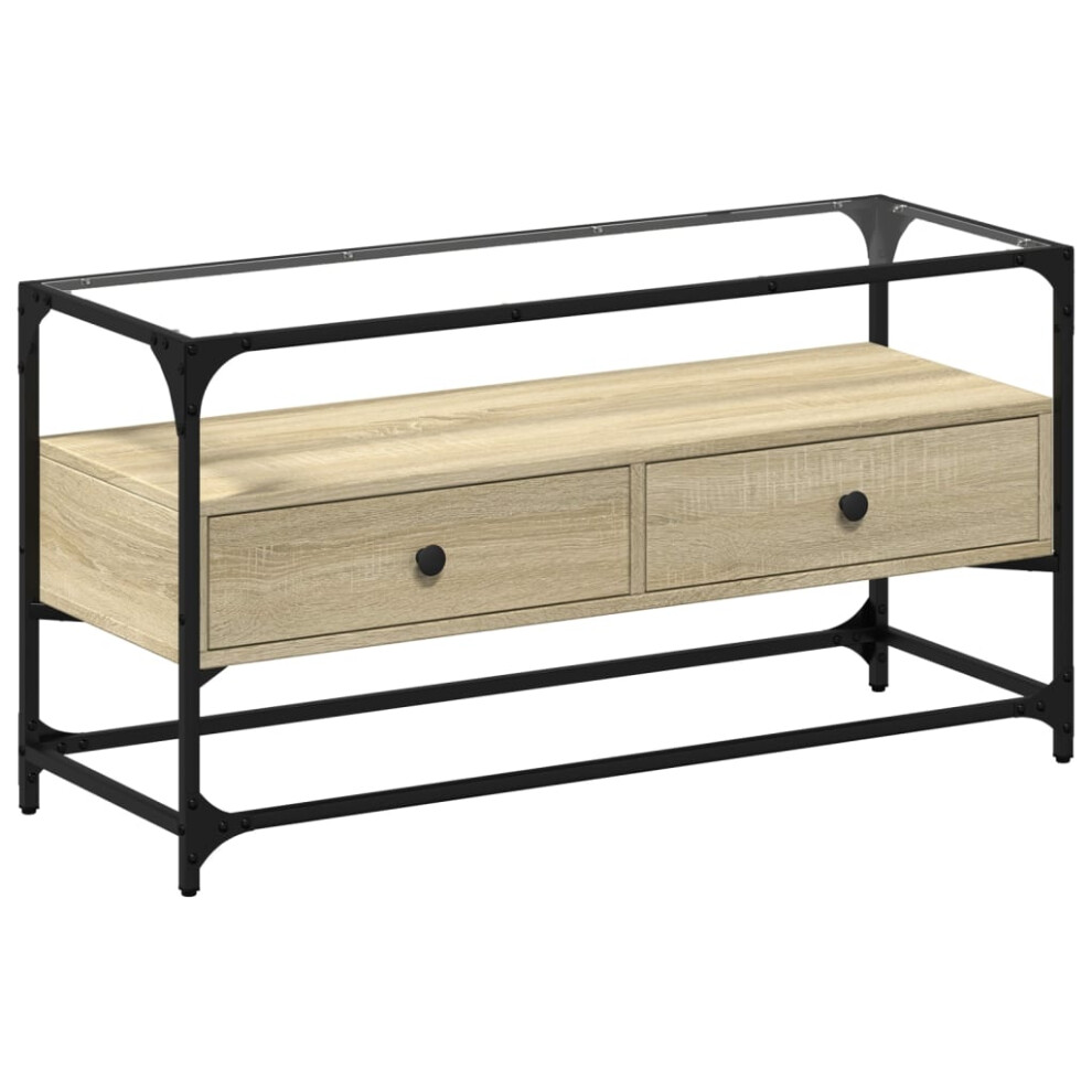 Vidaxl (Sonoma Oak, 98 X 35 X 51 Cm) Tv Cabinet With Glass Top Tv Unit Tv Stand Media Unit Engineered Wood