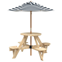(brown and blue) vidaXL Picnic Table for 4 Kids with Umbrella Play Table Round Solid Wood Fir
