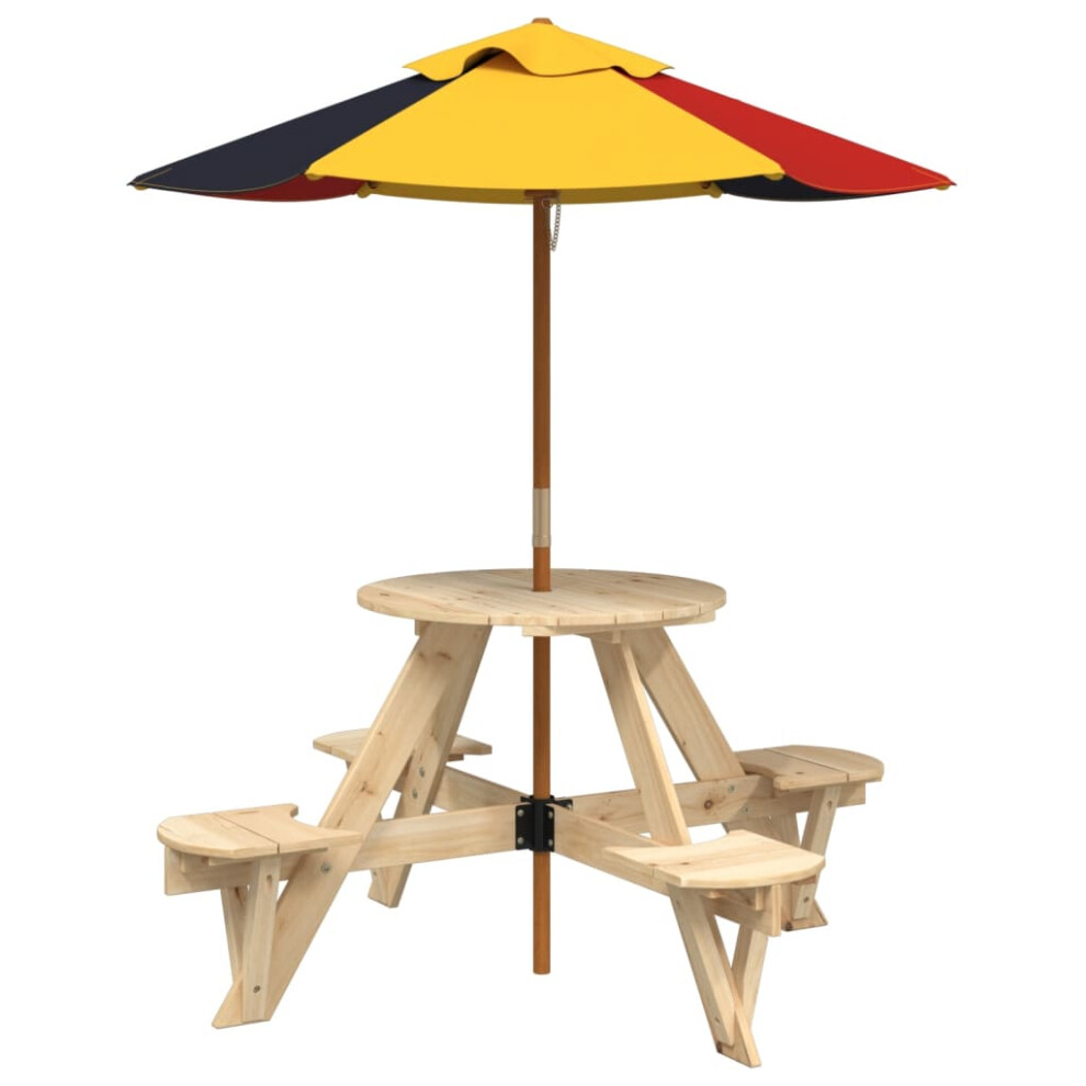 (brown and multicolour) vidaXL Picnic Table for 4 Kids with Umbrella Play Table Round Solid Wood Fir