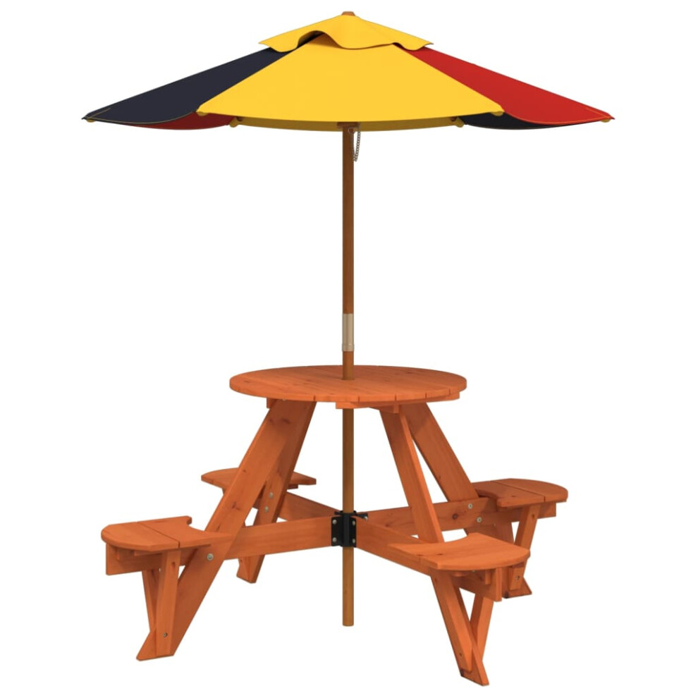 (dark brown and multicolour) vidaXL Picnic Table for 4 Kids with Umbrella Play Table Round Solid Wood Fir