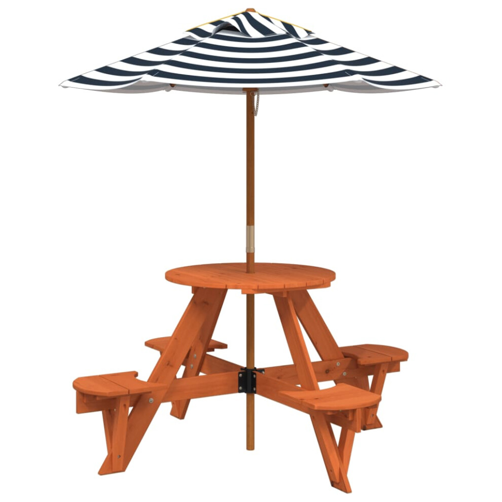 (dark brown and blue) vidaXL Picnic Table for 4 Kids with Umbrella Play Table Round Solid Wood Fir