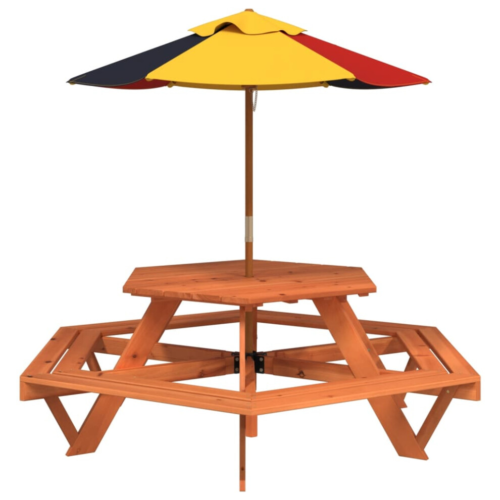 (dark brown and multicolour) vidaXL Picnic Table for 6 Kids with Umbrella Play Table Hexagon Solid Wood Fir