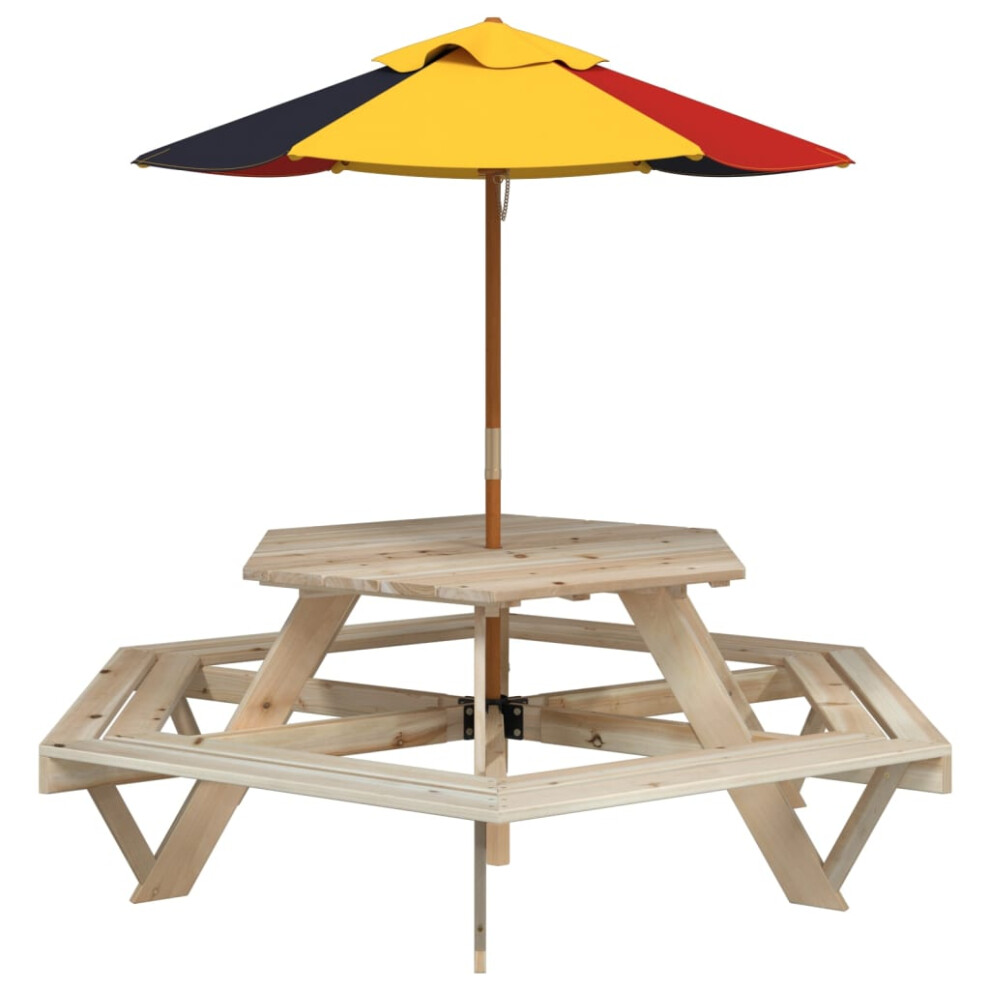 (brown and multicolour) vidaXL Picnic Table for 6 Kids with Umbrella Play Table Hexagon Solid Wood Fir