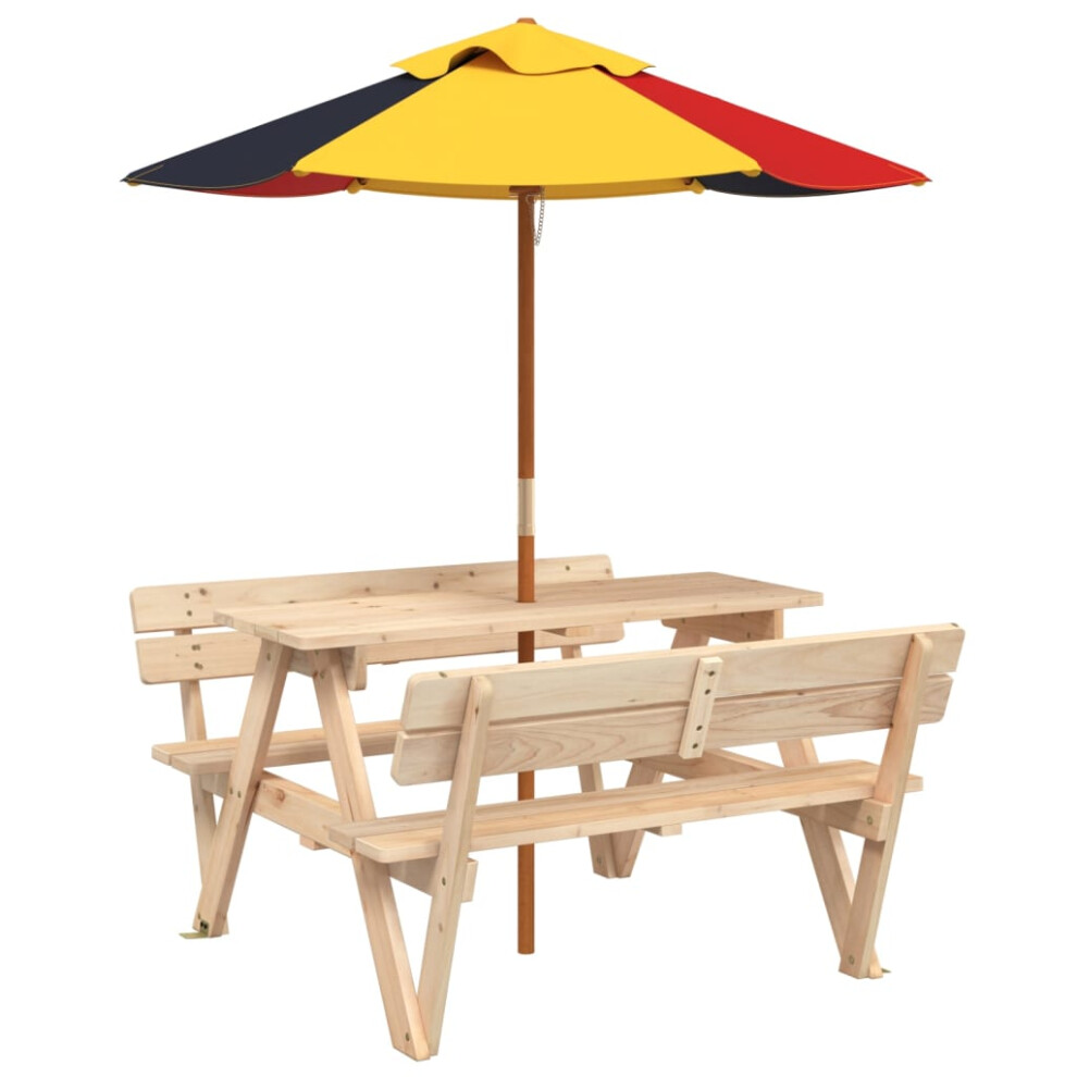 (brown and multicolour) vidaXL Picnic Table for 4 Kids with Umbrella Water Play Table Solid Wood Fir