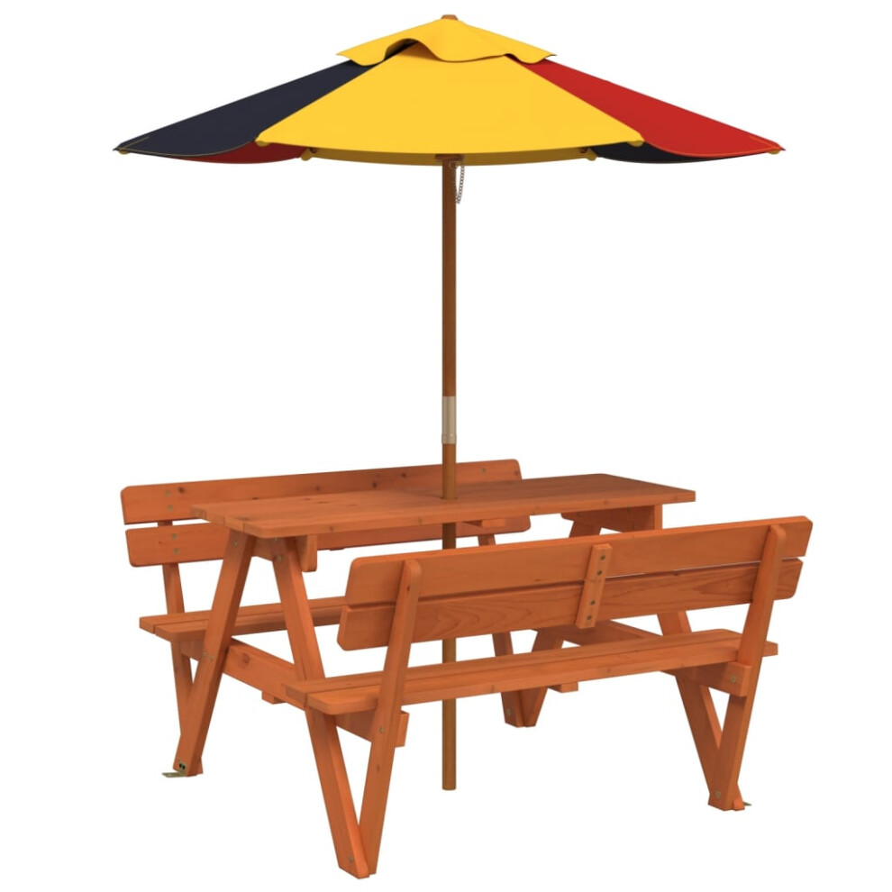 (dark brown and multicolour) vidaXL Picnic Table for 4 Kids with Umbrella Water Play Table Solid Wood Fir