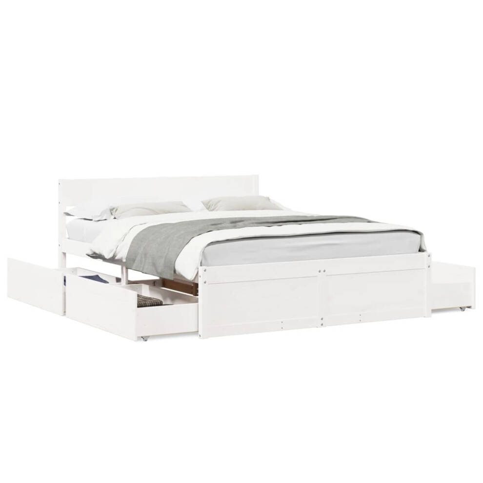 Vidaxl (White, 160 X 200 Cm) Bed Frame With Drawers Bed Base Mattress Foundation Solid Wood Pine