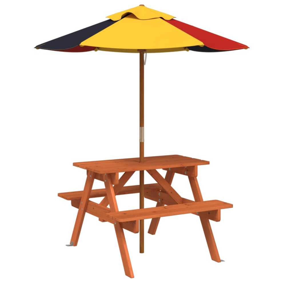 (dark brown and multicolour) vidaXL Picnic Table for 4 Kids with Umbrella Water Play Table Solid Wood Fir