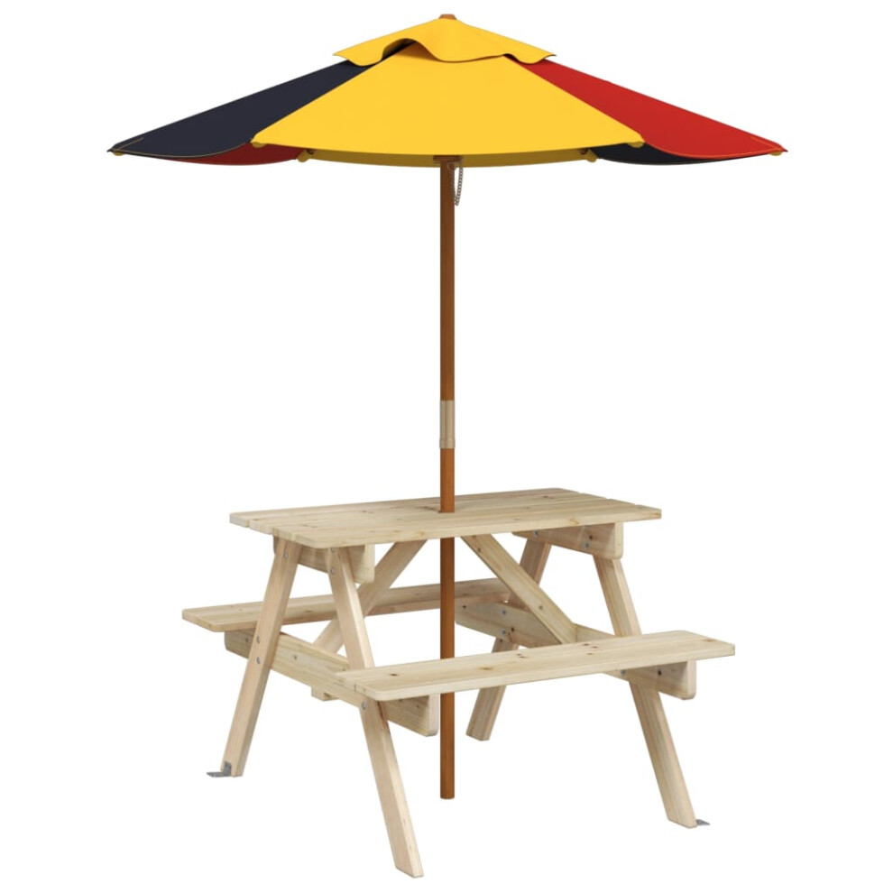 (brown and multicolour) vidaXL Picnic Table for 4 Kids with Umbrella Water Play Table Solid Wood Fir