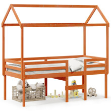 vidaXL Hochbett mit Dach Wachsbraun 90x190 cm Massivholz Kiefer