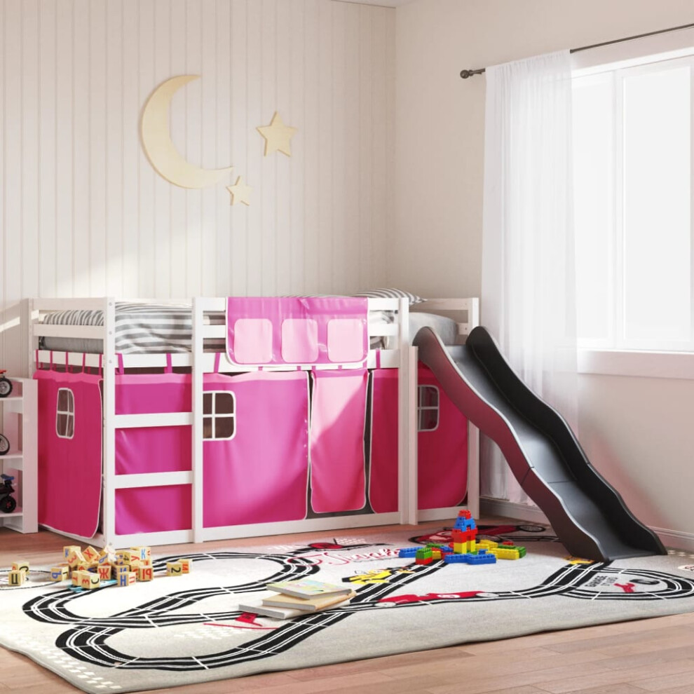 Vidaxl (White And Pink, 90 X 200 Cm) Bunk Bed With Slide And Curtains Bed Frame Loft Bed Pink 90X190 Cm