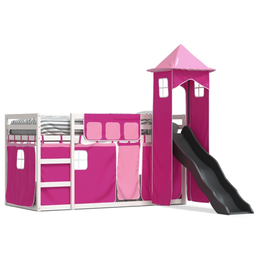 Vidaxl (White And Pink, 90 X 200 Cm) Bunk Bed With Slide And Curtains Kids Twin Sleeper Bed Pink 90X200 Cm