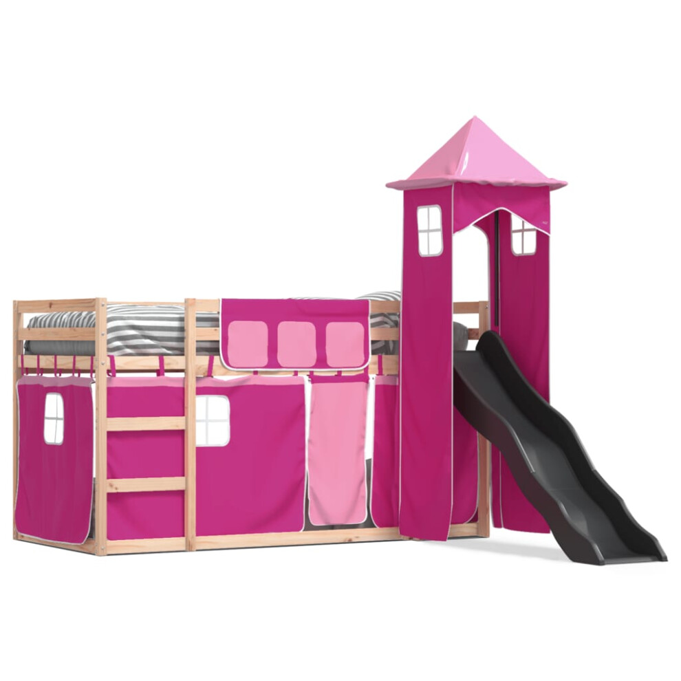 Vidaxl (Pink, 80 X 200 Cm) Bunk Bed With Slide And Curtains Kids Twin Sleeper Bed Pink 90X200 Cm