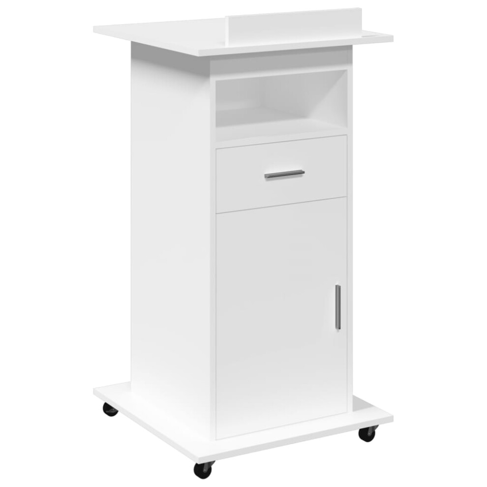 (white) vidaXL Lectern with Wheels and Drawer Pulpit Podium Stand Engineered Wood